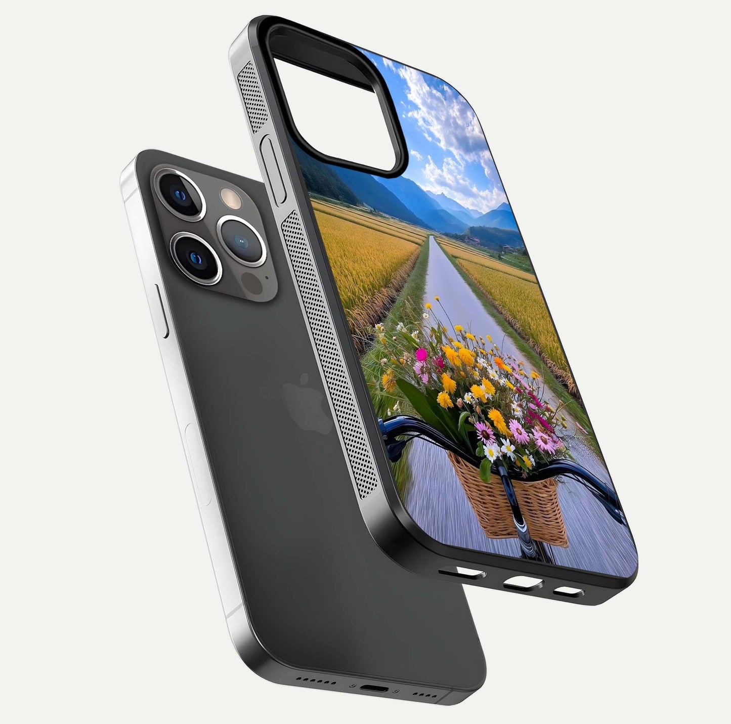 Golden Field Journey Glass Case for iPhone 13 Pro floating dual-view mockup showing gloss surface and field depth