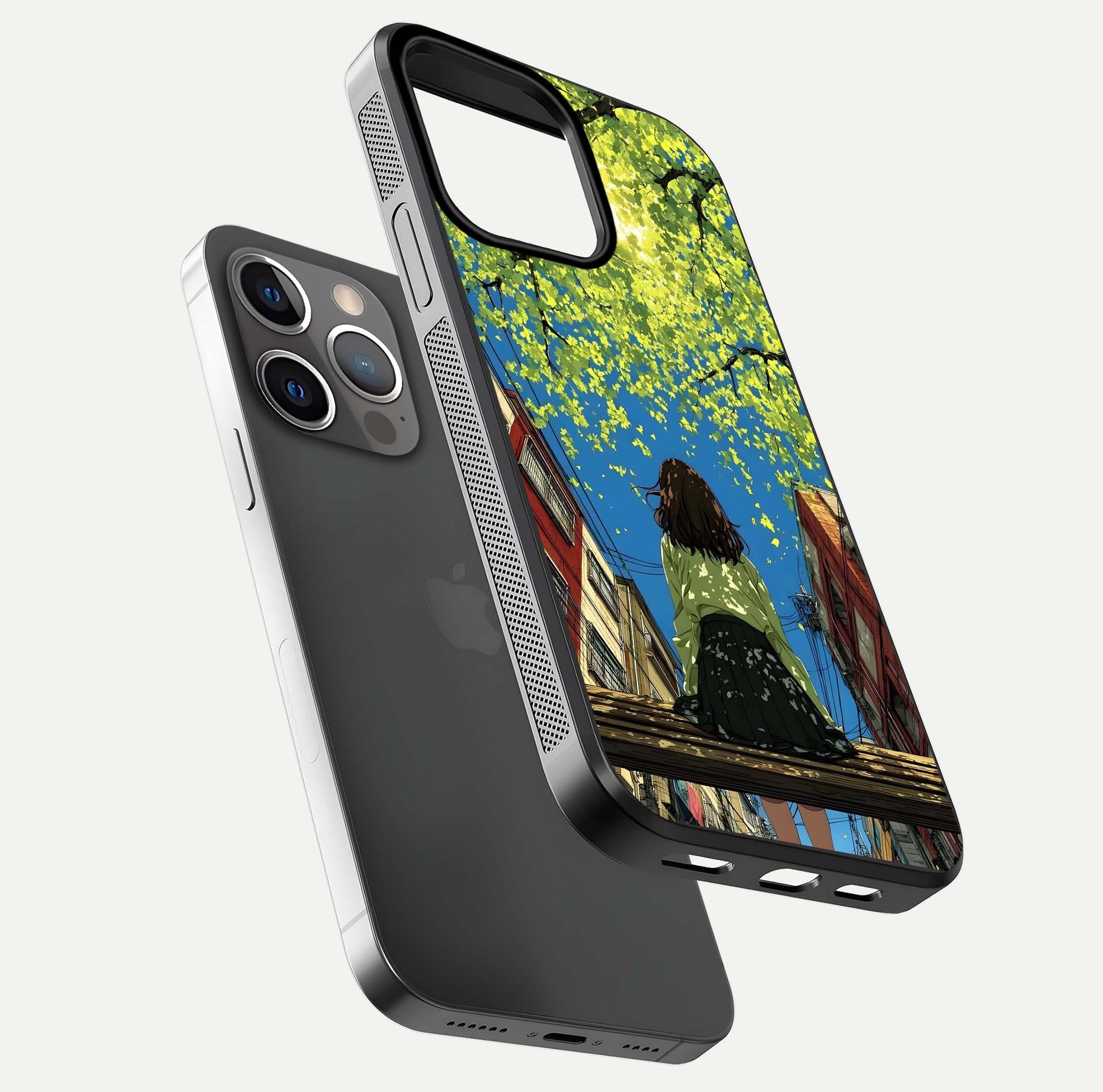 Golden Leaves Glow Glass Case for iPhone 13 Pro floating dual-view mockup showing gloss depth and gold-leaf detail