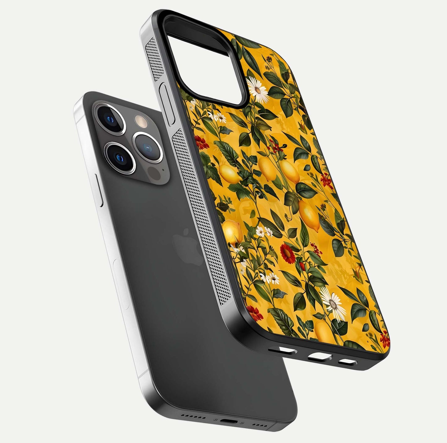 Golden Lemon Field Glass Case for iPhone 13 Pro floating dual-view mockup showing gloss shine and yellow-gold palette