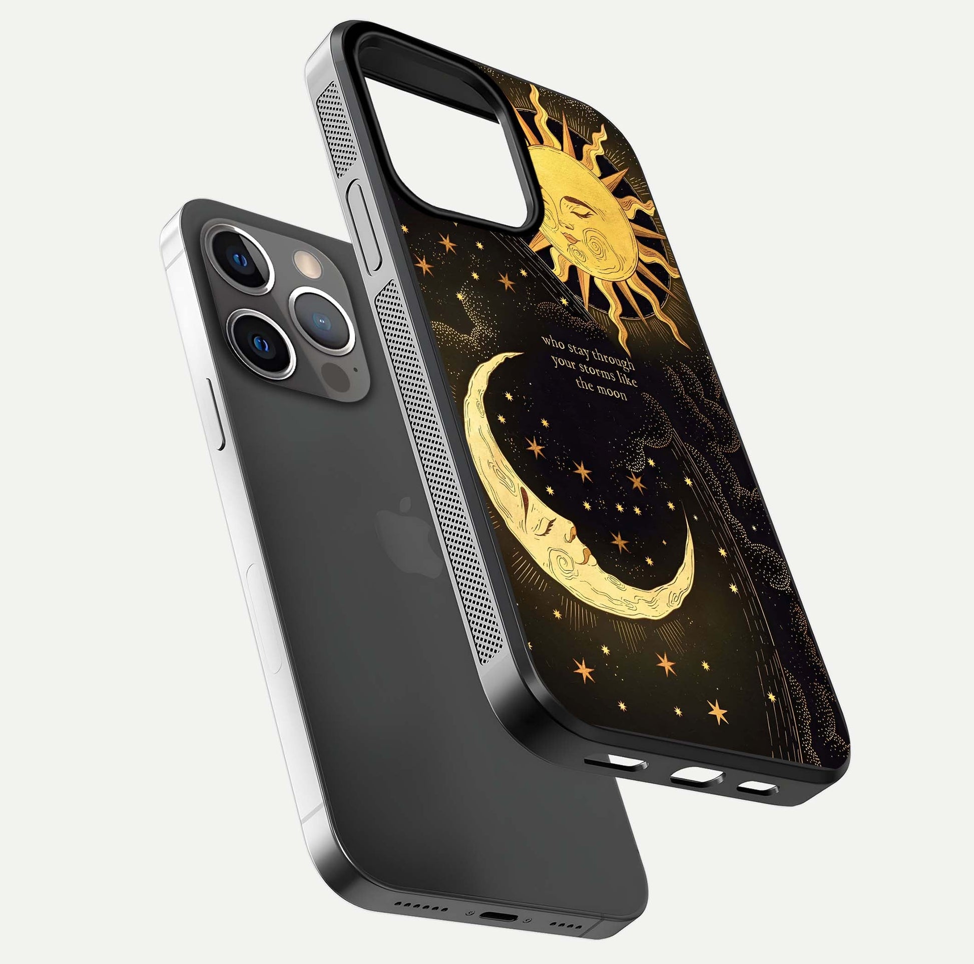 Golden Lunar Love Glass Case for iPhone 13 Pro floating dual-view mockup showing glossy glow and romantic theme