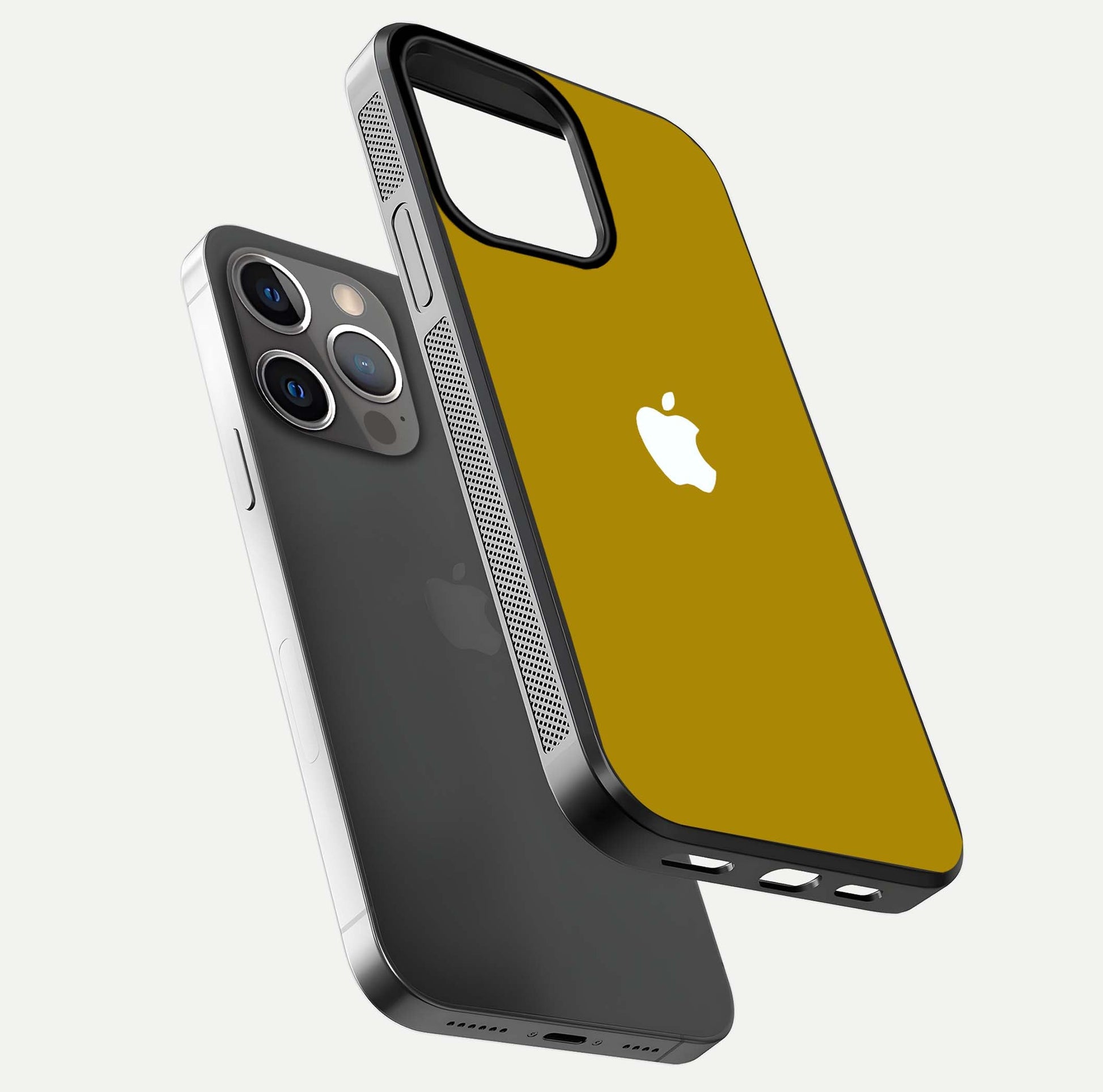Golden Luxe Aura Glass Case for iPhone 13 Pro floating dual-view mockup showing glossy texture and elegant gold gradient