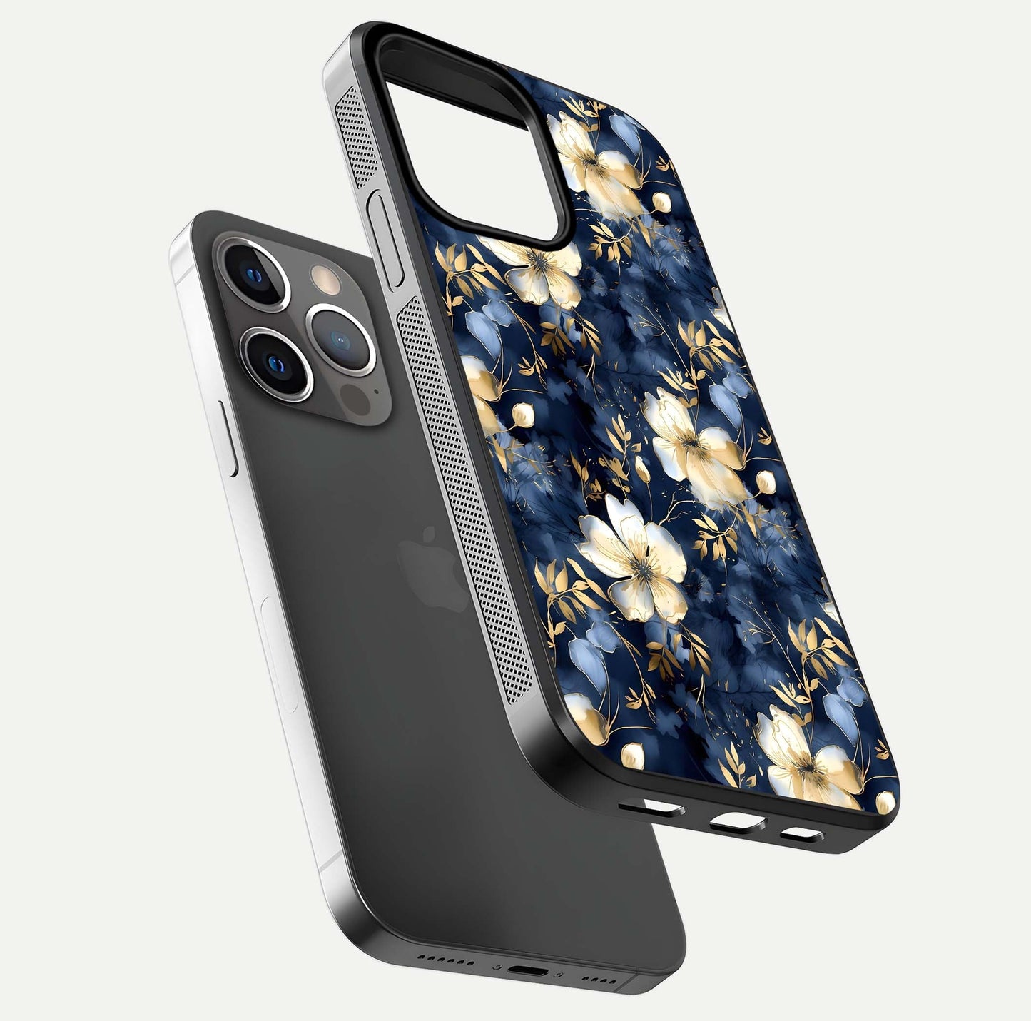 Golden Midnight Bloom Glass Case for iPhone 13 Pro floating dual-view mockup showing gloss polish and metallic reflection