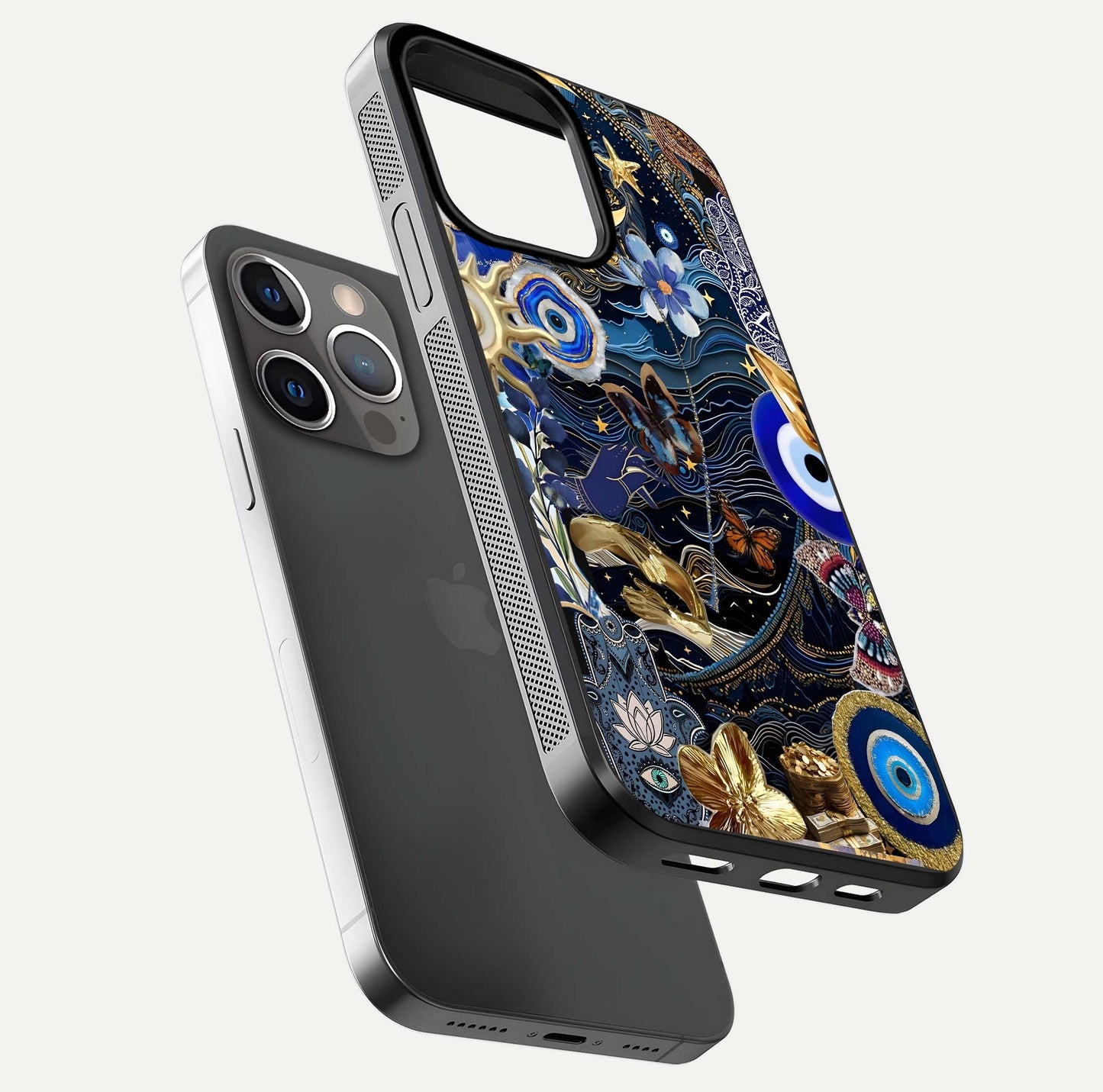 Golden Moon Magic Glass Case for iPhone 13 Pro floating dual-view mockup showing gloss texture and golden illumination