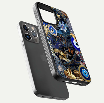Golden Moon Magic Glass Case for iPhone 13 Pro floating dual-view mockup showing gloss texture and golden illumination