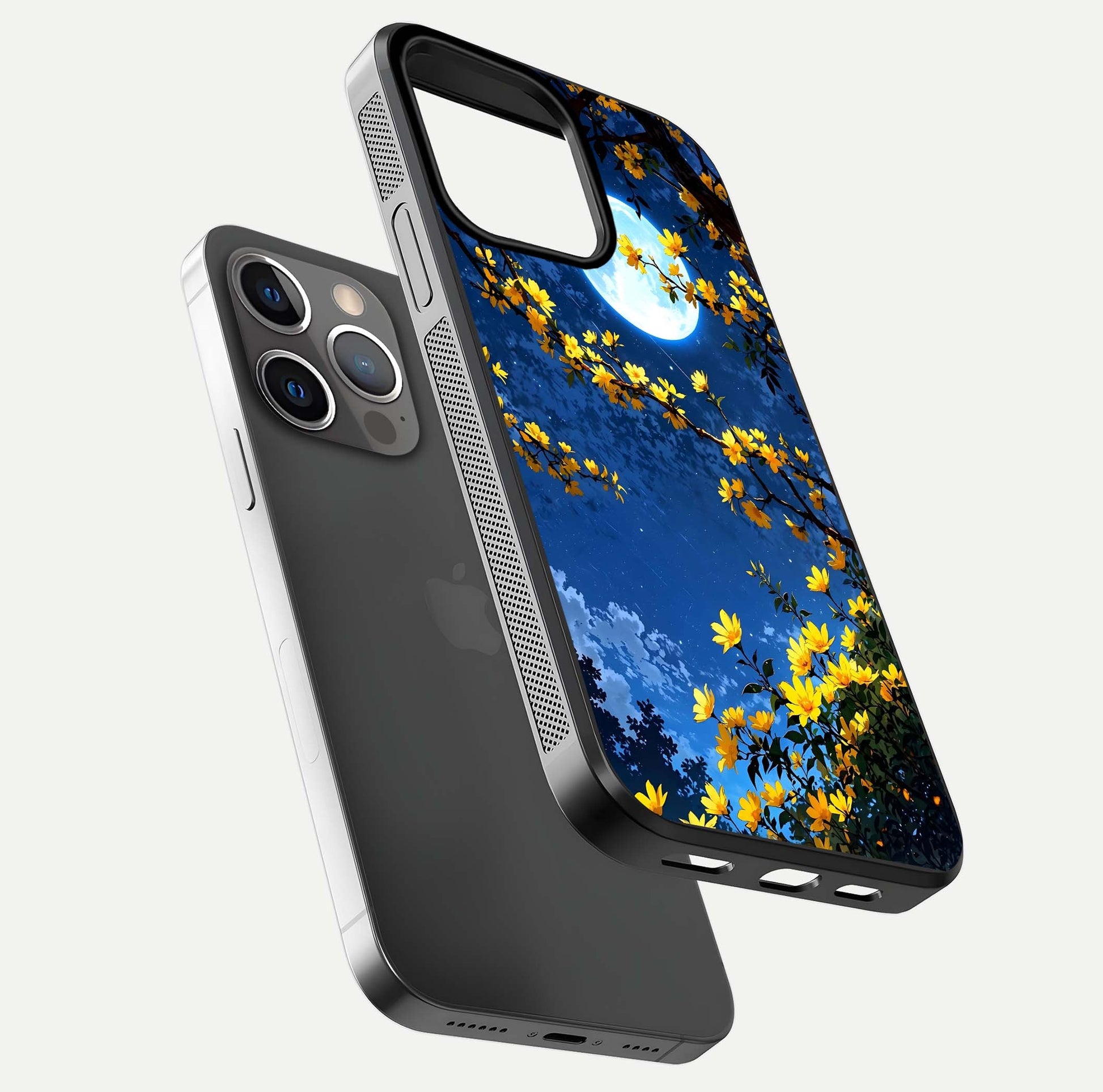 Golden Night Glow Glass Case for iPhone 13 Pro floating dual-view mockup showing gloss polish and luxury shine