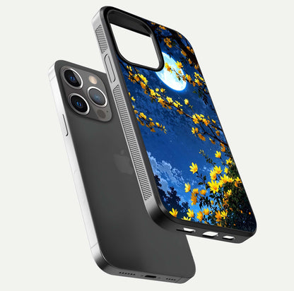 Golden Night Glow Glass Case for iPhone 13 Pro floating dual-view mockup showing gloss polish and luxury shine