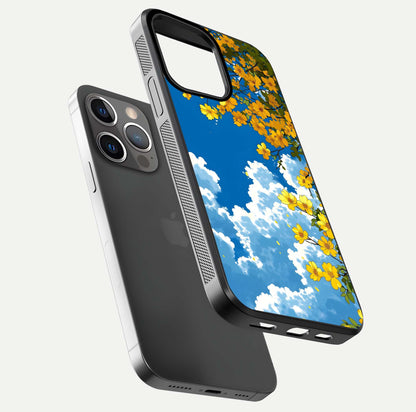 Golden Petal Sky Glass Case for iPhone 13 Pro floating dual-view mockup showing gloss brilliance and gold detail