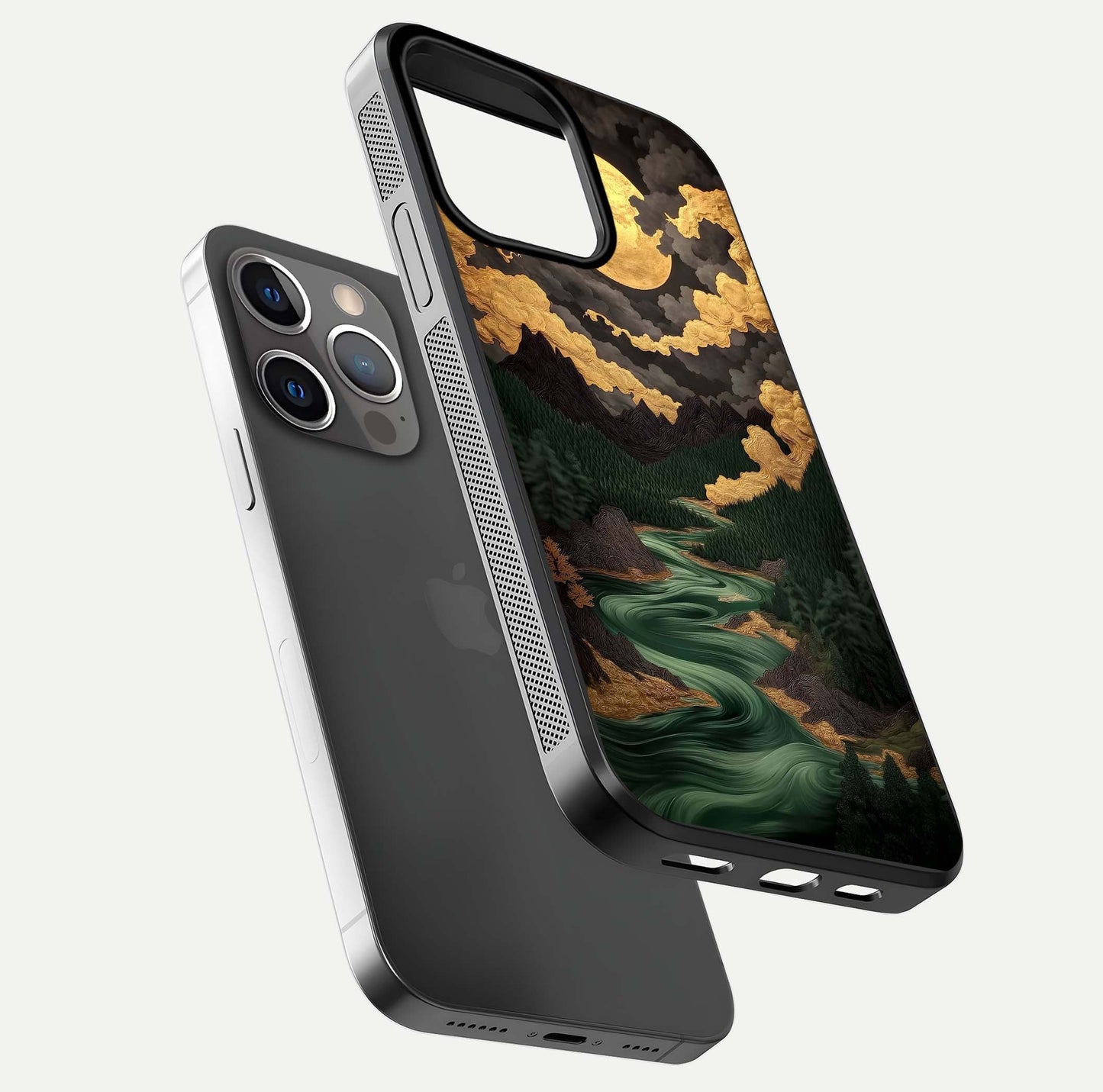 Golden River Moon Glass Case for iPhone 13 Pro floating dual-view mockup showing gloss surface and luxury tone