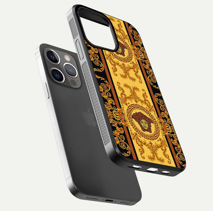 Golden Royal Heritage Glass Case for iPhone 13 Pro floating dual-view mockup showing glossy surface and rich regal tone