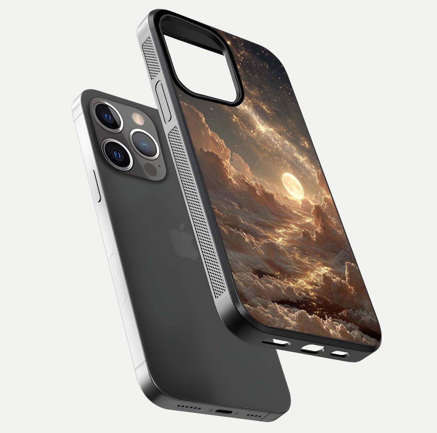 Golden Sky Dream Glass Case for iPhone 13 Pro floating dual-view mockup showing gloss depth and elegant finish