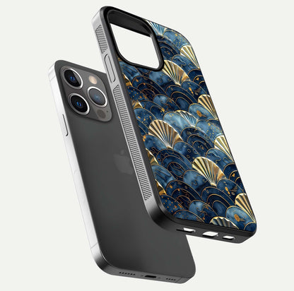 Golden Wave Luxe Glass Case for iPhone 13 Pro floating dual-view mockup showing gloss surface and shimmering tones