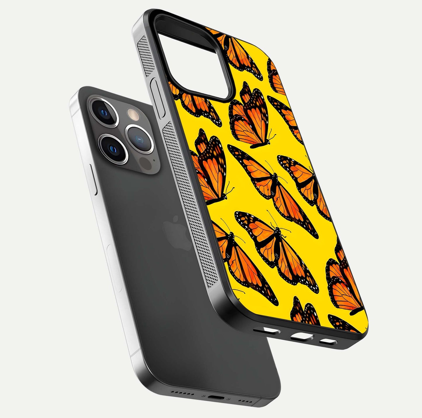 Golden Wing Flight Glass Case for iPhone 13 Pro floating dual-view mockup showing gloss reflection and luxury tone