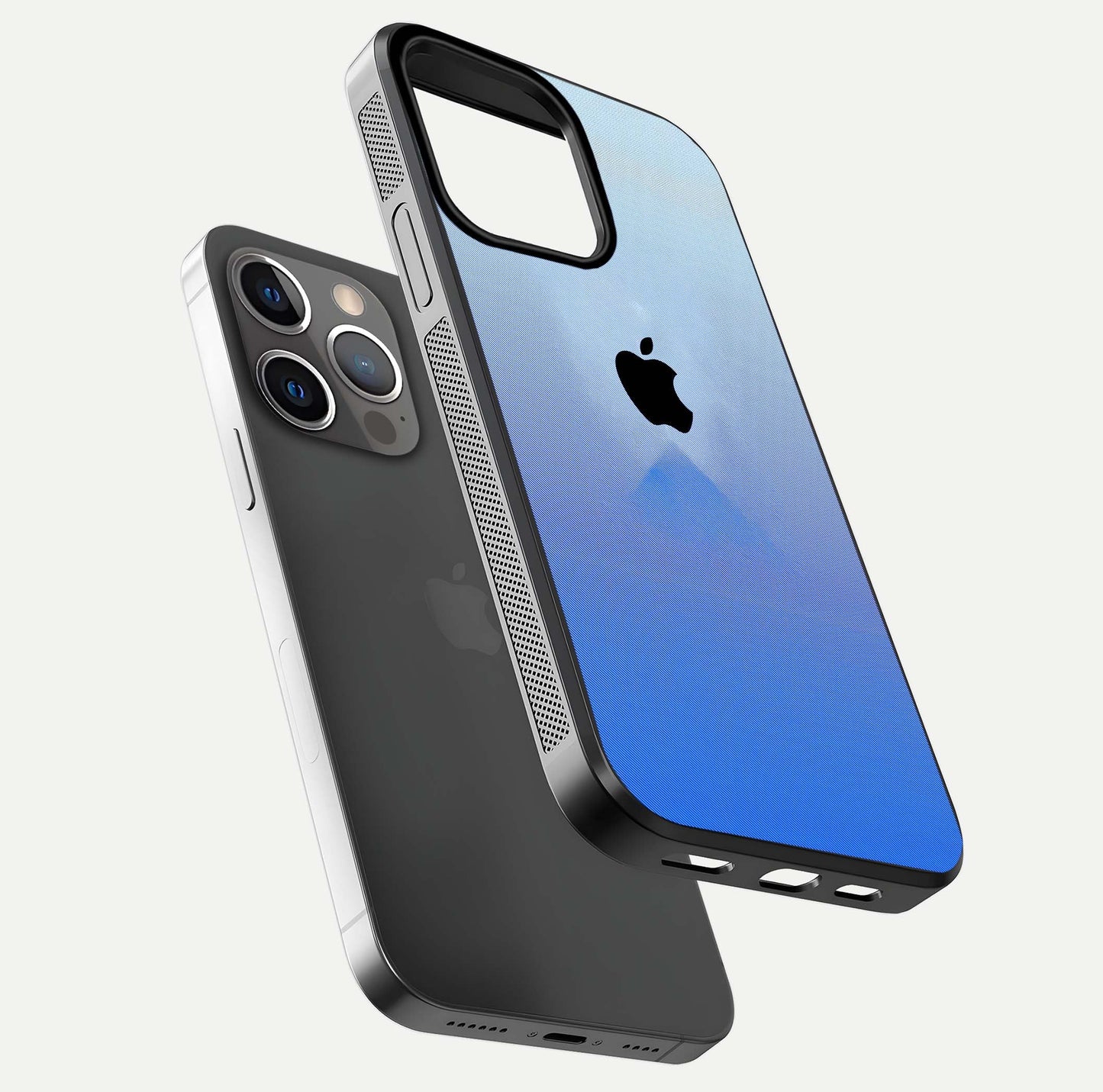 Gradient Apple Vibe Glass Case for iPhone 13 Pro floating dual-view mockup showing gloss polish and gradient blend