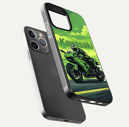 Green Kawasaki Glass Case for iPhone 13 Pro floating dual-view mockup showing gloss surface and power-bike theme
