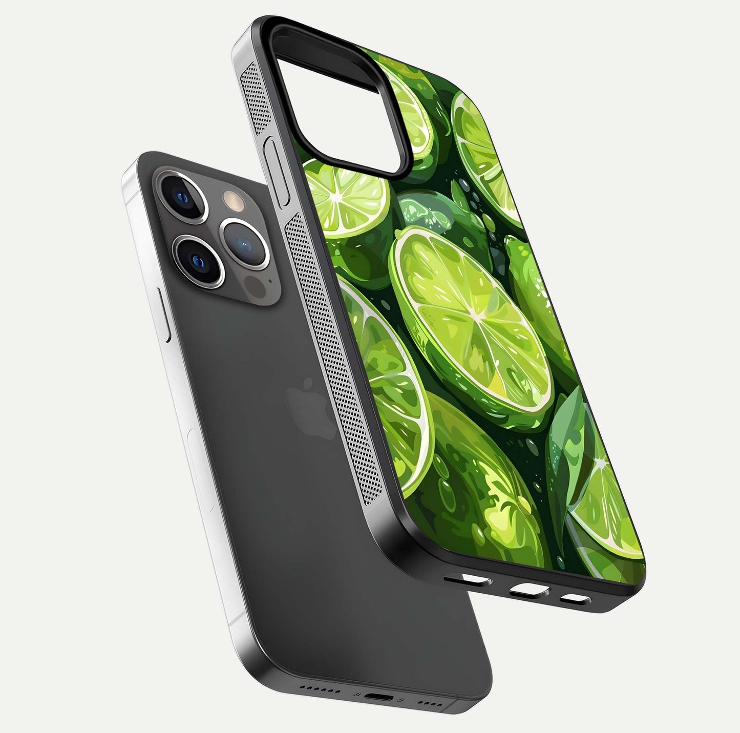 Green Lemon Glass Case for iPhone 13 Pro floating dual-view mockup showing glossy surface and fruity freshness