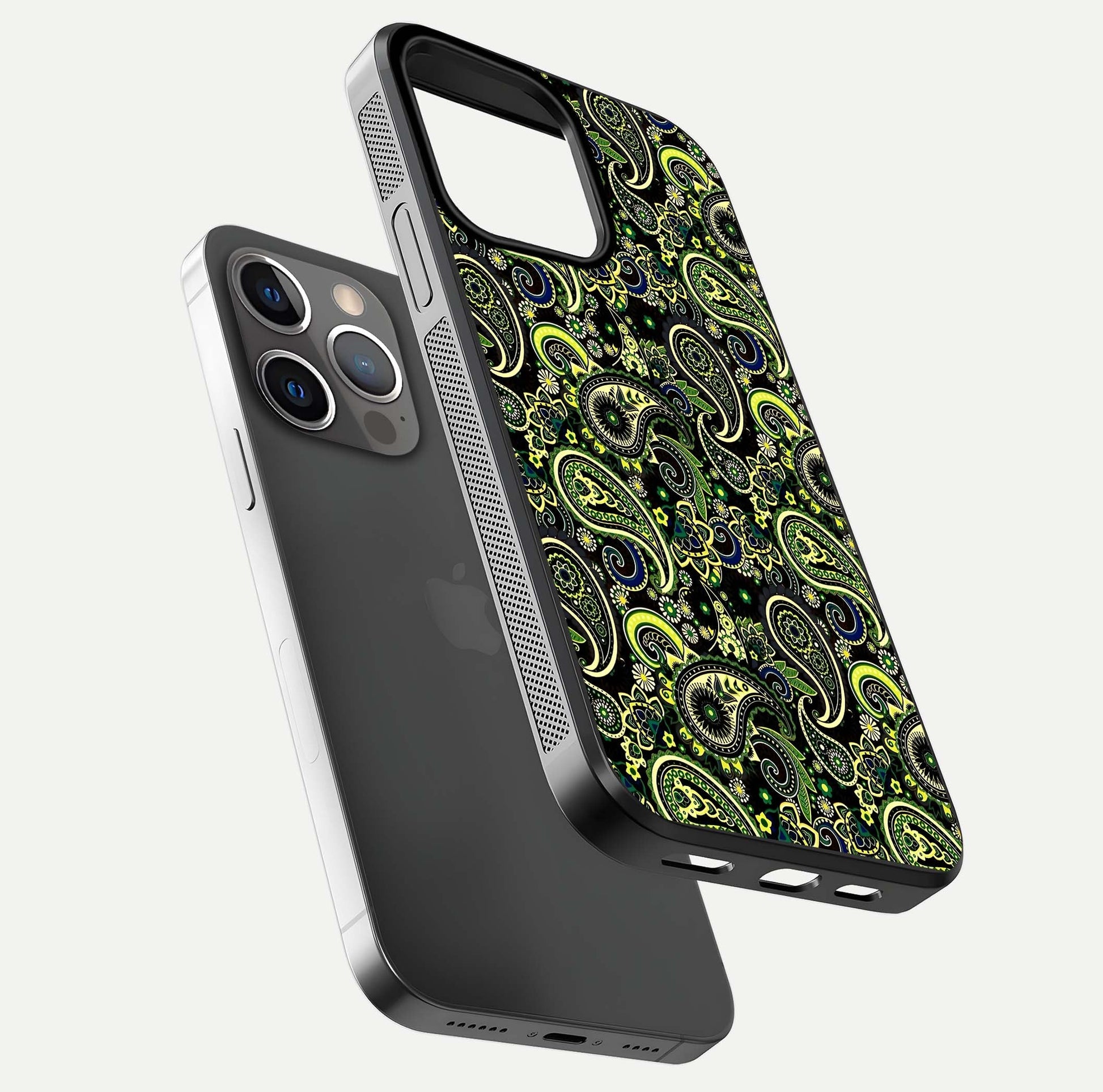 Green Mandala Pattern Glass Case for iPhone 13 Pro floating dual-view mockup showing gloss texture and symmetry shine