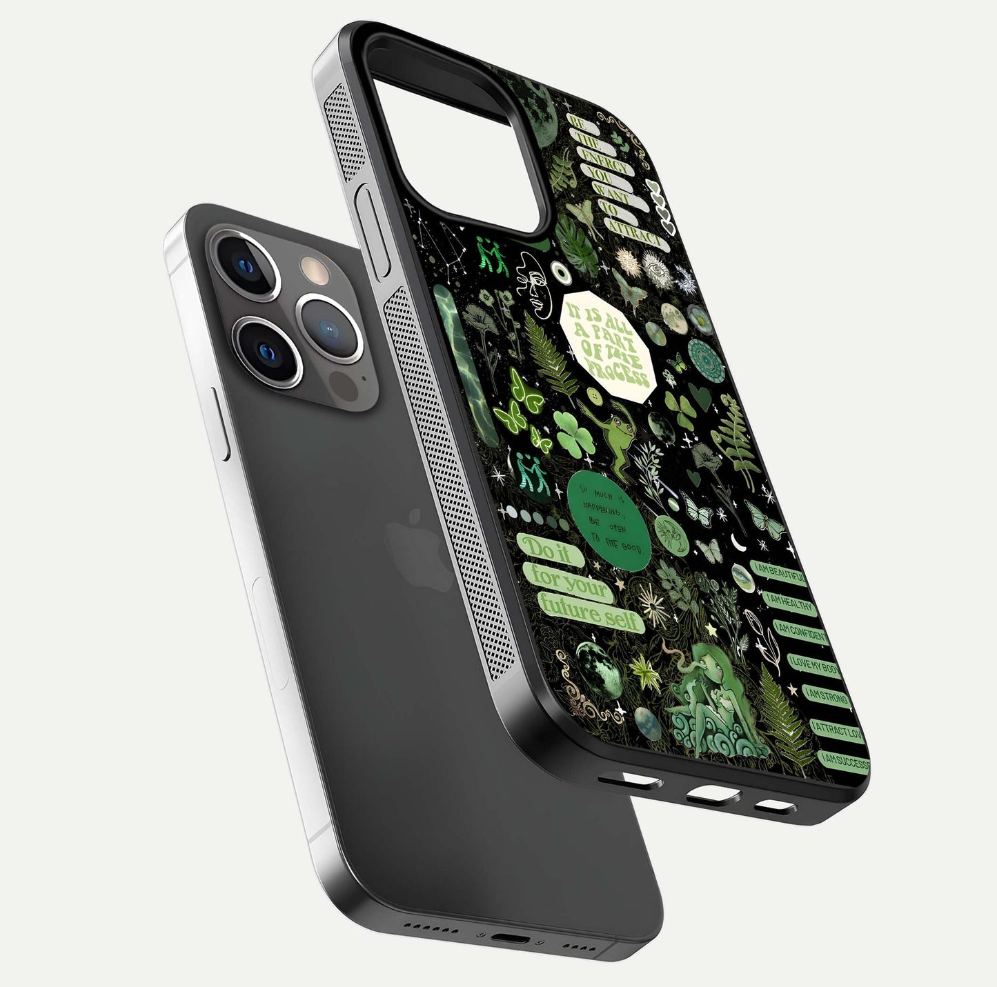 Green Moon Energy Glass Case for iPhone 13 Pro floating dual-view mockup showing glossy texture and energy aura