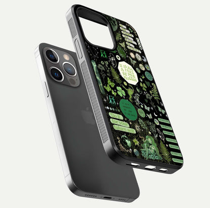 Green Moon Energy Glass Case for iPhone 13 Pro floating dual-view mockup showing glossy texture and energy aura