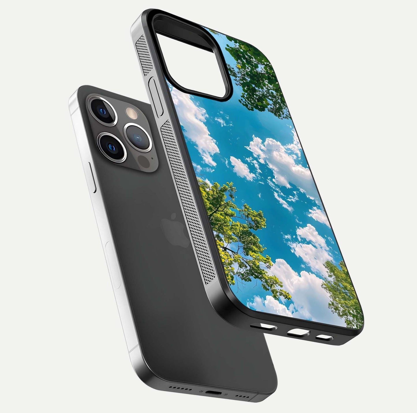 Greenery Sky Glass Case for iPhone 13 Pro floating dual-view mockup showing glossy shine and soft natural tones