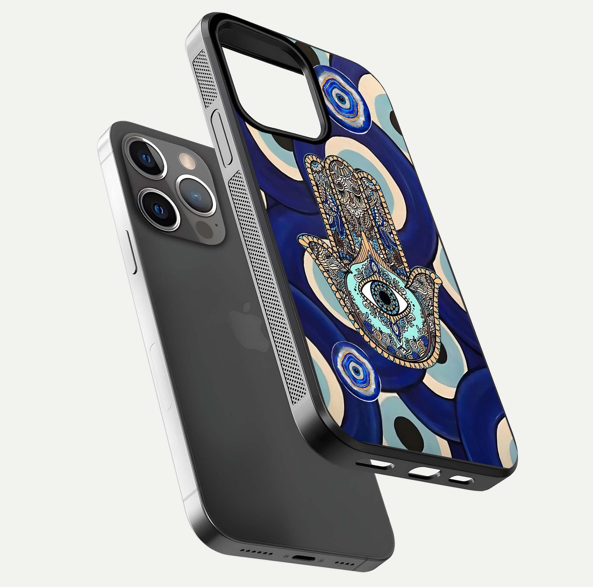 Hamsa Divine Guard Glass Case for iPhone 13 Pro floating dual-view mockup showing gloss shine and mystical pattern
