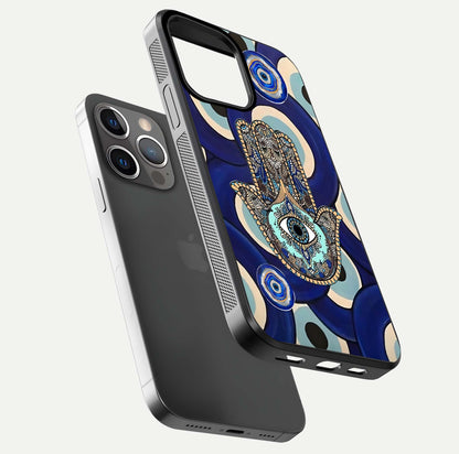 Hamsa Divine Guard Glass Case for iPhone 13 Pro floating dual-view mockup showing gloss shine and mystical pattern