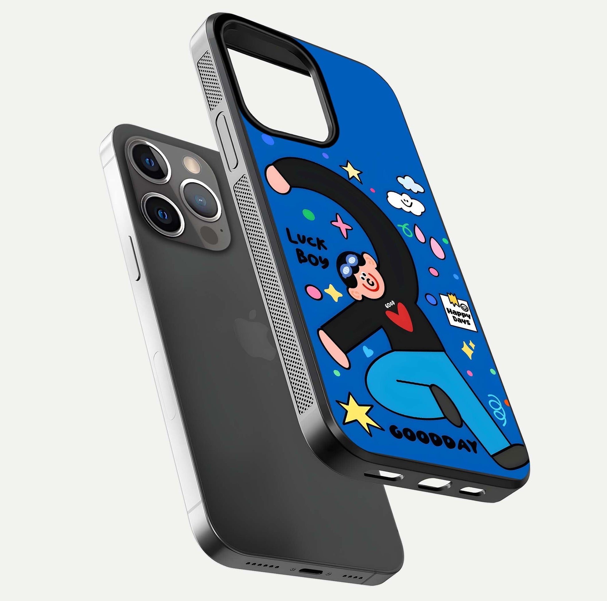 Happy Luck Vibe Glass Case for iPhone 13 Pro floating dual-view mockup showing glossy tone and bright finish