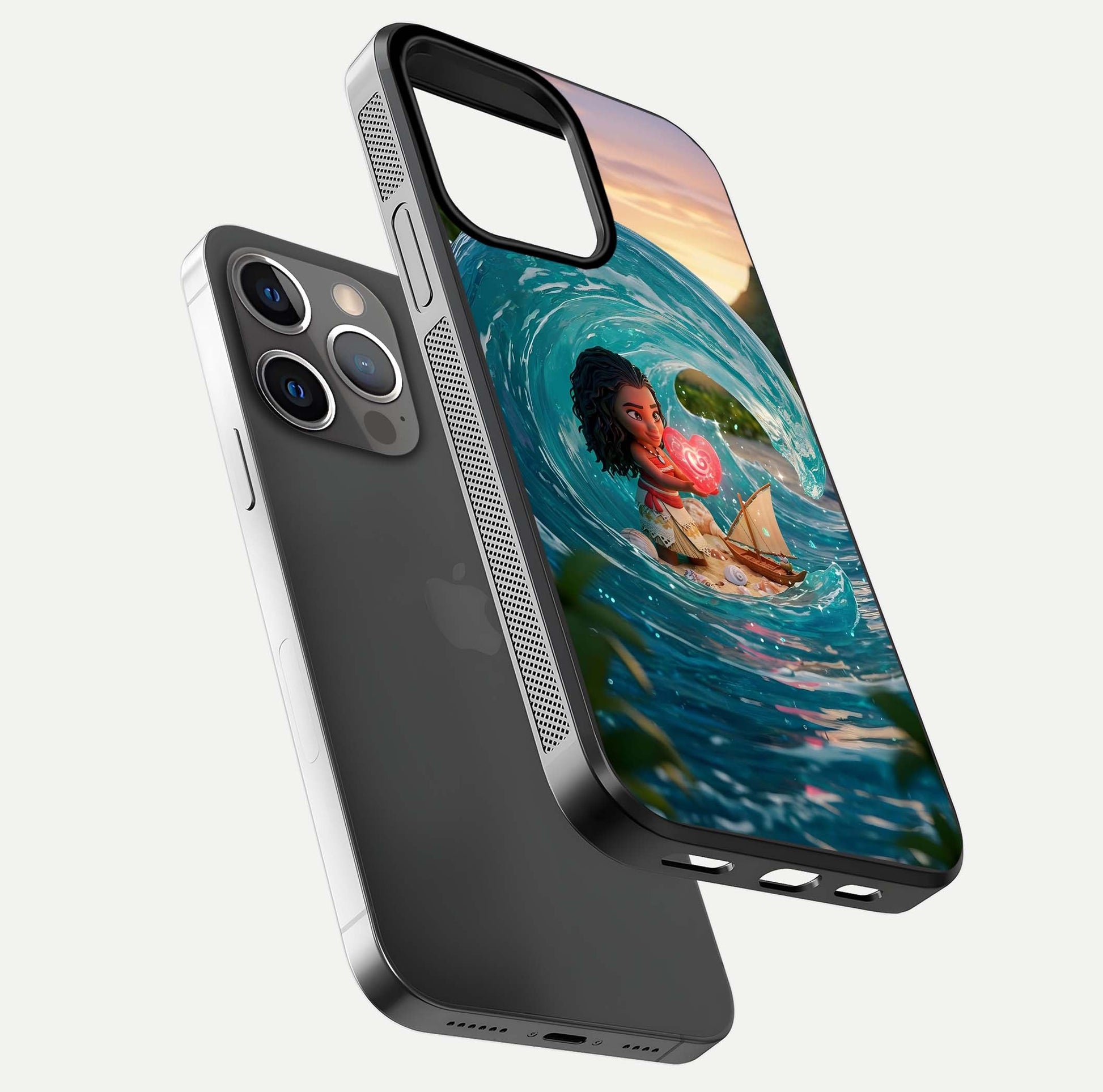 Heart of Ocean Glass Case for iPhone 13 Pro floating dual-view mockup showing gloss surface and aquatic design