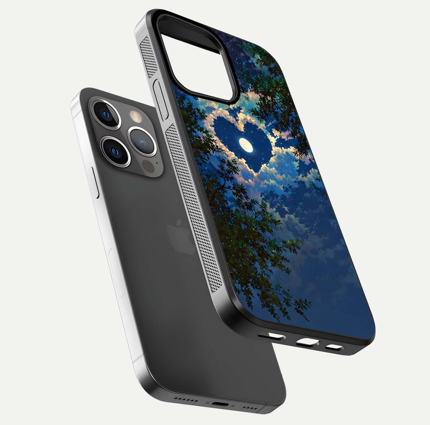 Heart with Moon Sky Glass Case for iPhone 13 Pro floating dual-view mockup showing gloss texture and romantic sky glow