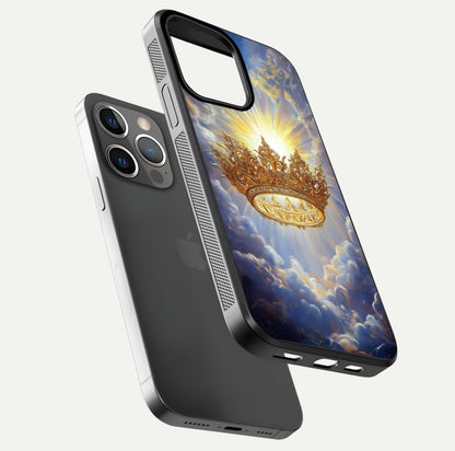 Heavenly Crown Light Glass Case for iPhone 13 Pro floating dual-view mockup showing gloss shine and luminous crown texture