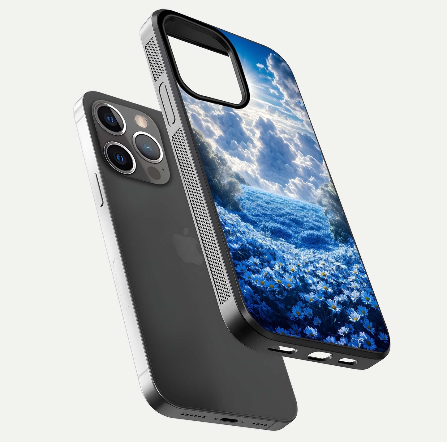 Heavenly Daisy Horizon Glass Case for iPhone 13 Pro floating dual-view mockup showing gloss polish and soft pastel background