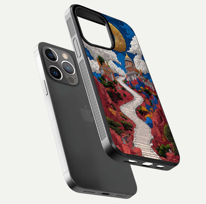 Heavenly Moon Path Glass Case for iPhone 13 Pro floating dual-view mockup showing gloss surface and celestial pathway