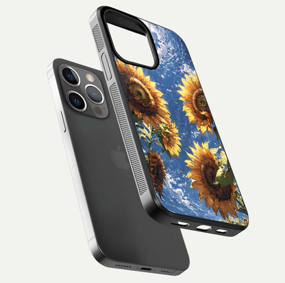Heavenly Sunflower Rise Glass Case for iPhone 13 Pro floating dual-view mockup showing gloss brightness and morning-light feel