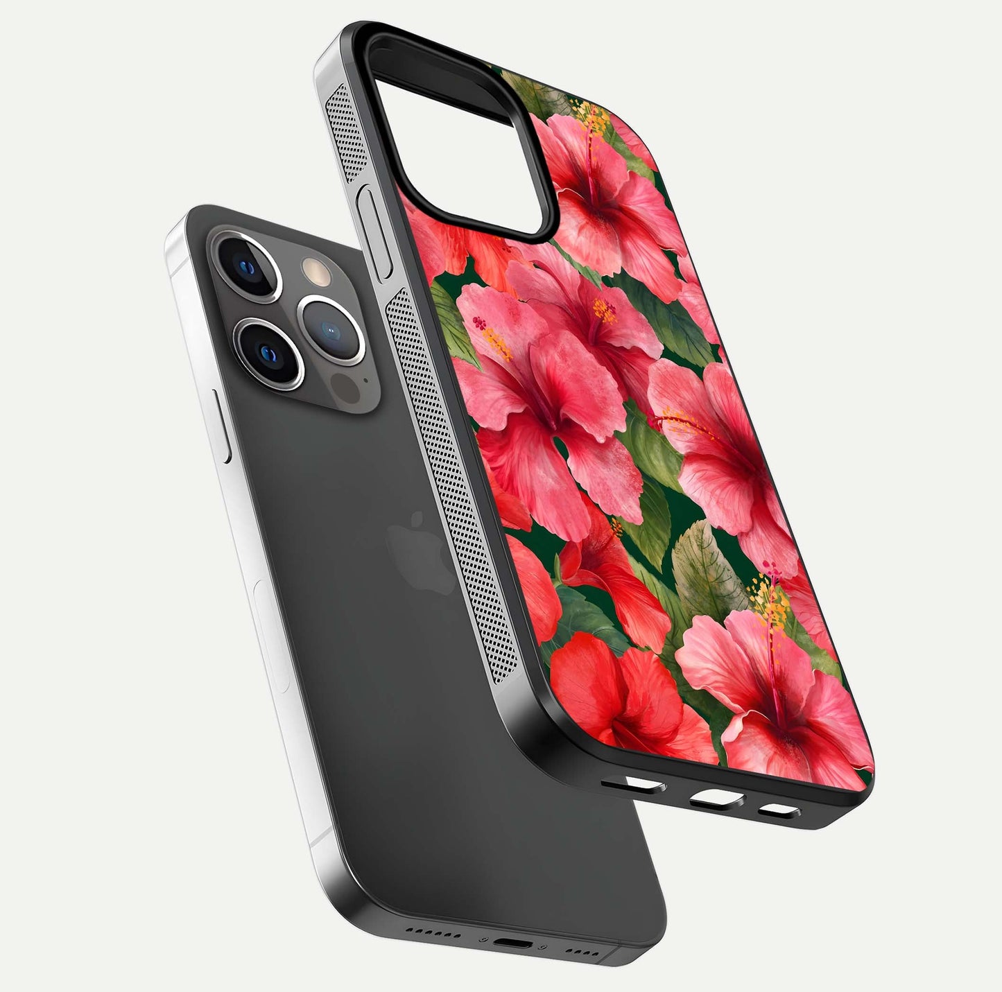 Hibiscus Pattern Glass Case for iPhone 13 Pro floating dual-view mockup showing glossy texture and vivid color depth