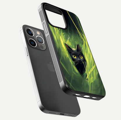 Hidden Cat Whisper Glass Case for iPhone 13 Pro floating dual-view mockup showing glossy tone and elegant cat silhouette
