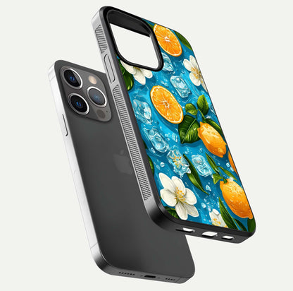 Ice Cube With Orange Glass Case for iPhone 13 Pro floating dual-view mockup showing glossy shine and cool refreshing tone