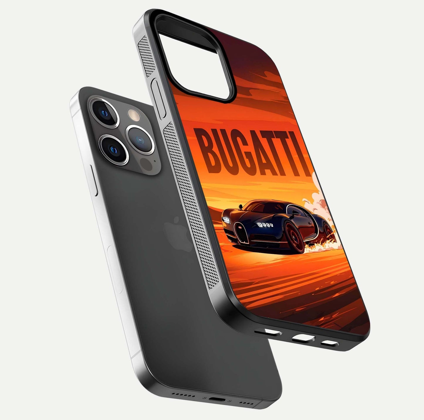 Inferno Bugatti Storm Glass Case for iPhone 13 Pro floating dual-view mockup showing gloss surface and racing energy