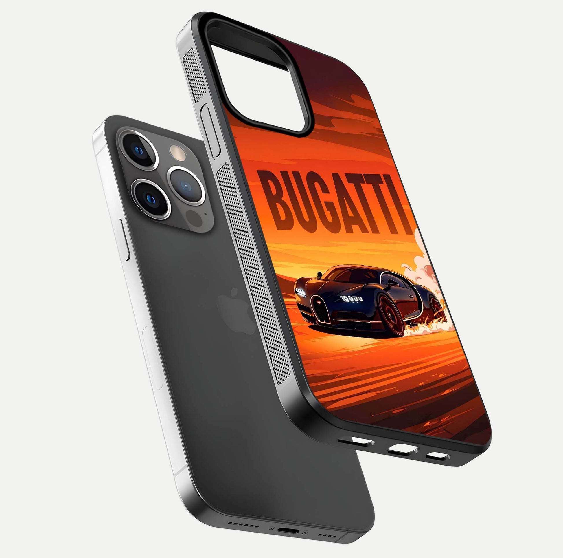 Inferno Bugatti Storm Glass Case for iPhone 13 Pro floating dual-view mockup showing gloss surface and racing energy