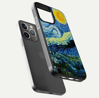 Inspired Van Gogh Art Glass Case for iPhone 13 Pro floating dual-view mockup showing gloss depth and artistic reflection