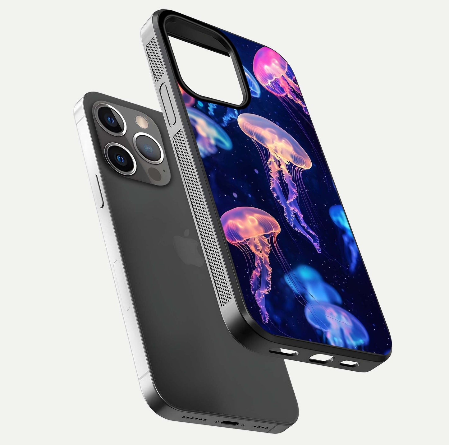 Jellyfish Pattern Glass Case for iPhone 13 Pro floating dual-view mockup showing gloss texture and oceanic depth
