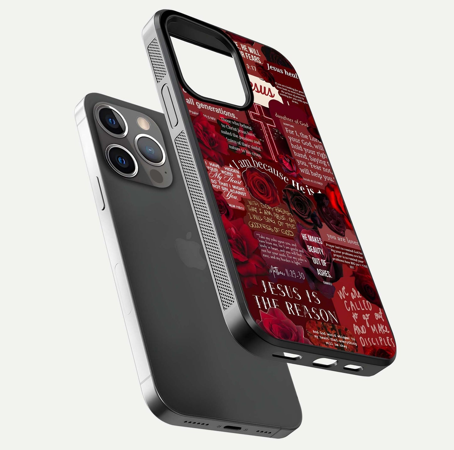 Jesus Love Heals Glass Case for iPhone 13 Pro floating dual-view mockup showing glossy shine and faith-inspired art