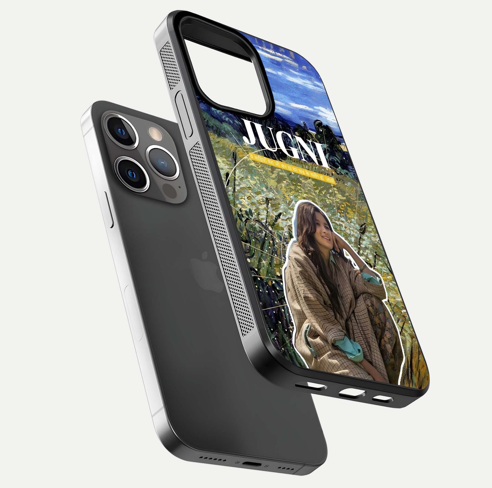 Jugni Soul Vibes Glass Case for iPhone 13 Pro floating dual-view mockup showing gloss surface and vivid design style