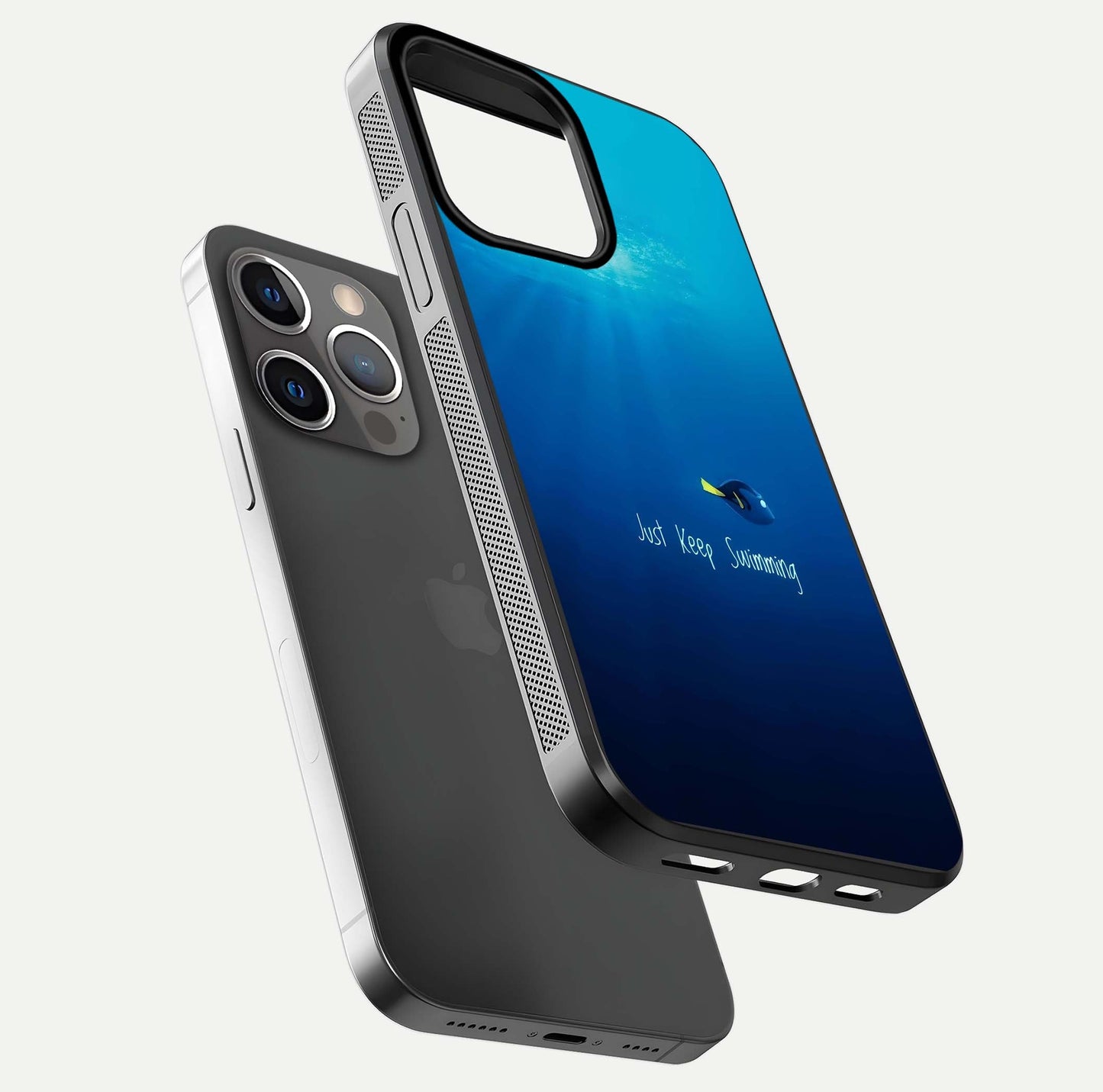 Just Keep Swimming Glass Case for iPhone 13 Pro floating dual-view mockup showing gloss brightness and wave motif