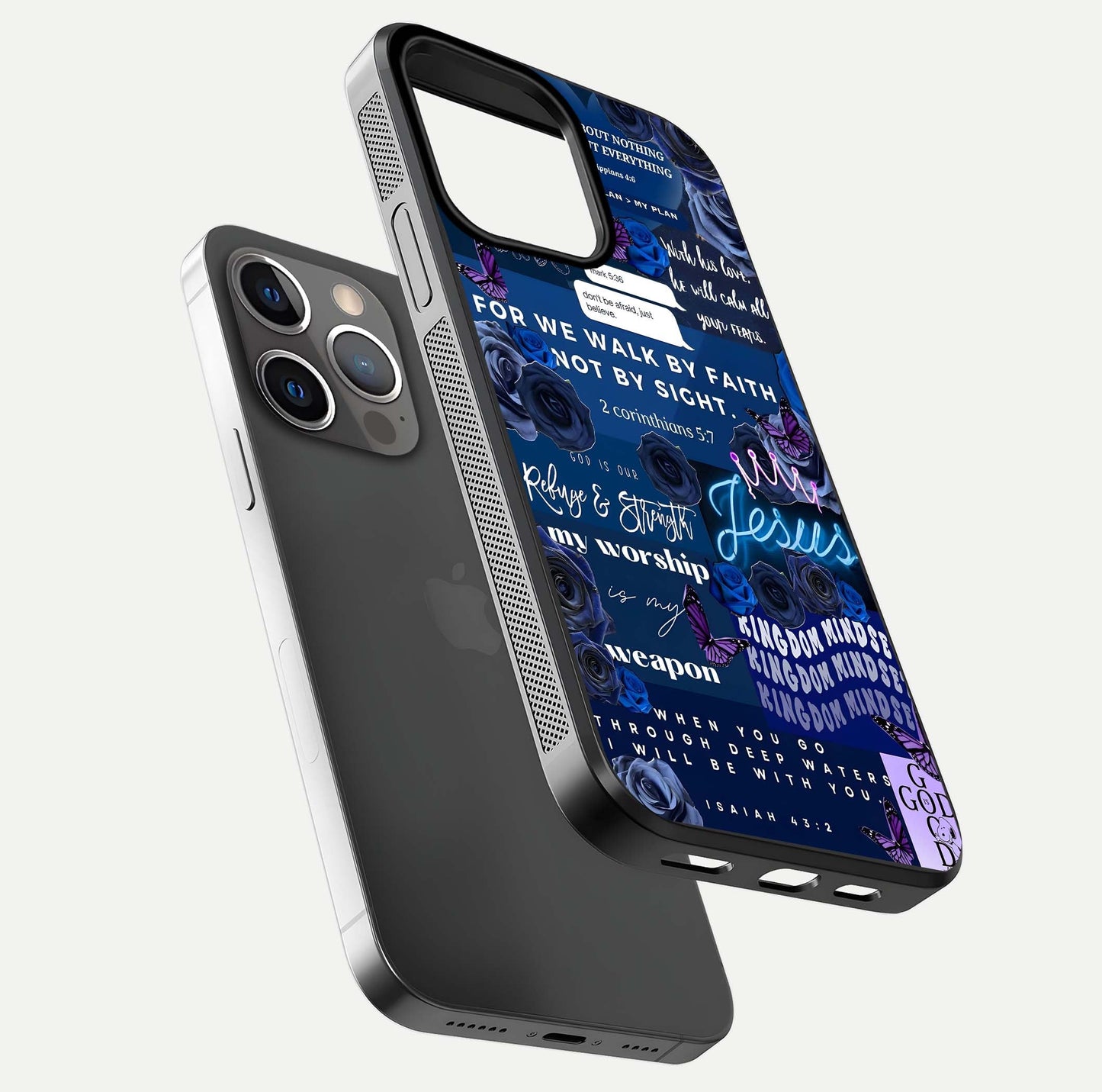Kingdom Faith Glow Glass Case for iPhone 13 Pro floating dual-view mockup showing premium gloss and golden aura