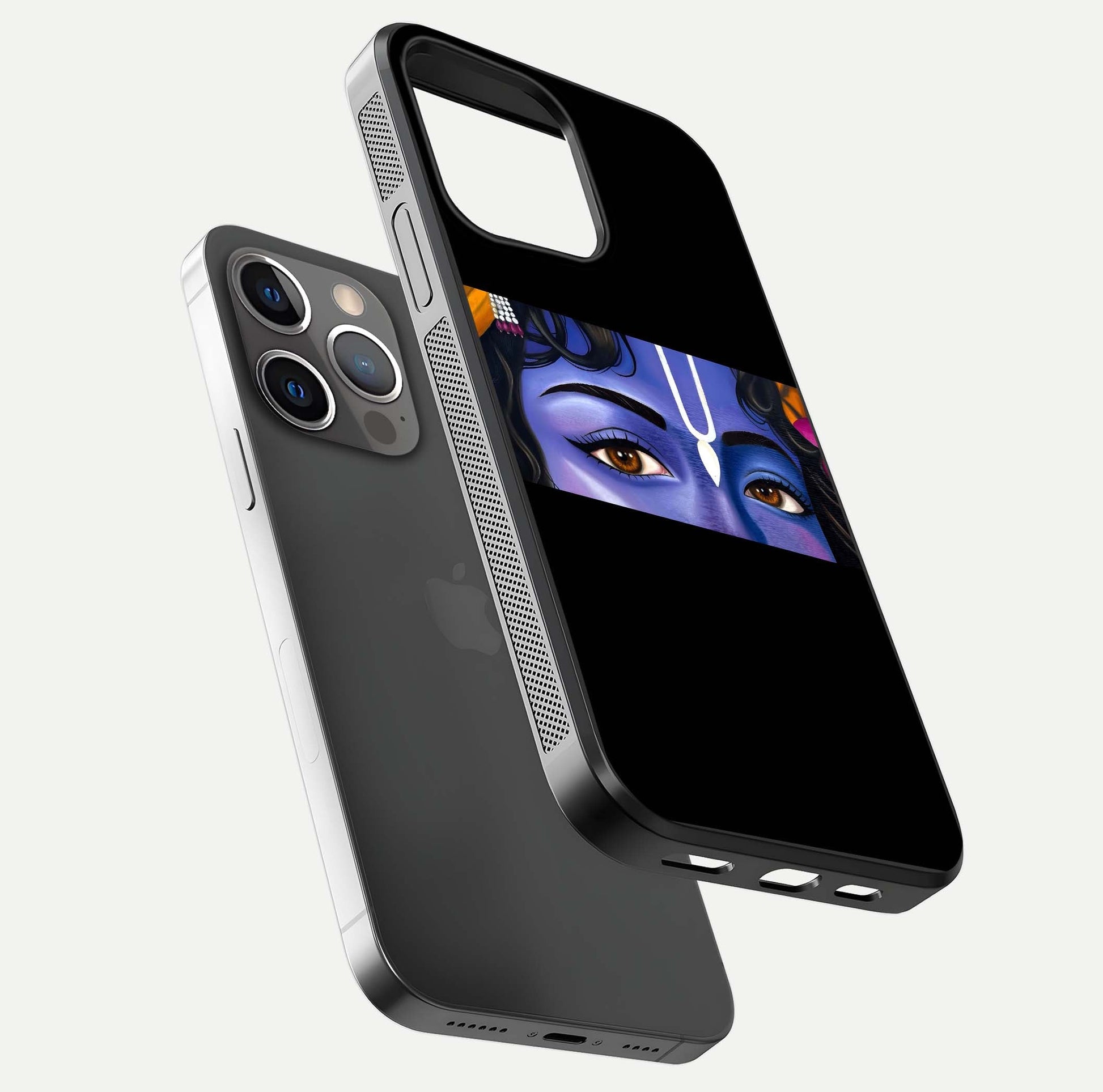Krishna Eye Glass Case for iPhone 13 Pro floating dual-view mockup showing gloss surface and divine art depth
