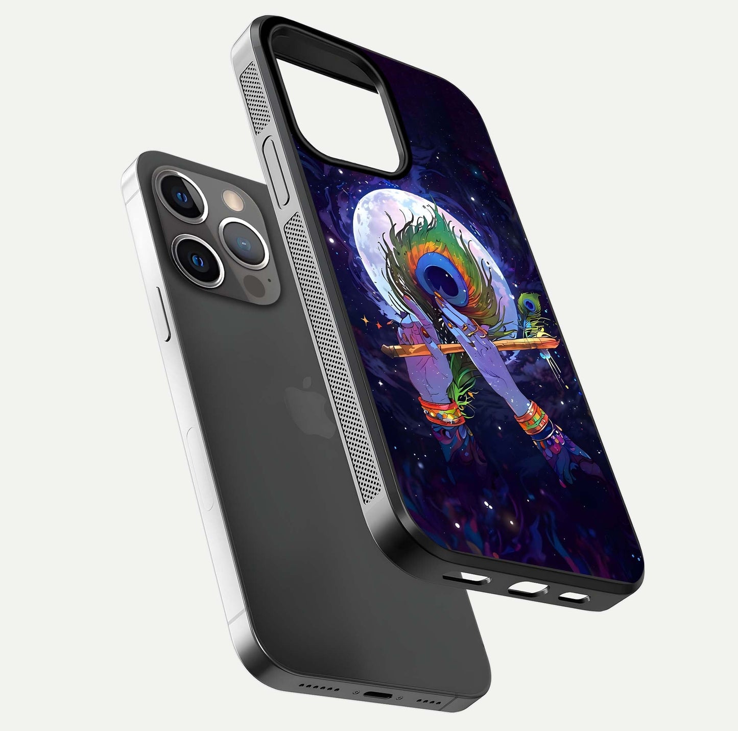Krishna Hands Art Glass Case for iPhone 13 Pro floating dual-view mockup showing premium gloss reflection