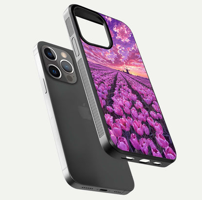 Lavender Dream Skies Glass Case for iPhone 13 Pro floating dual-view mockup showing gloss polish and pastel design
