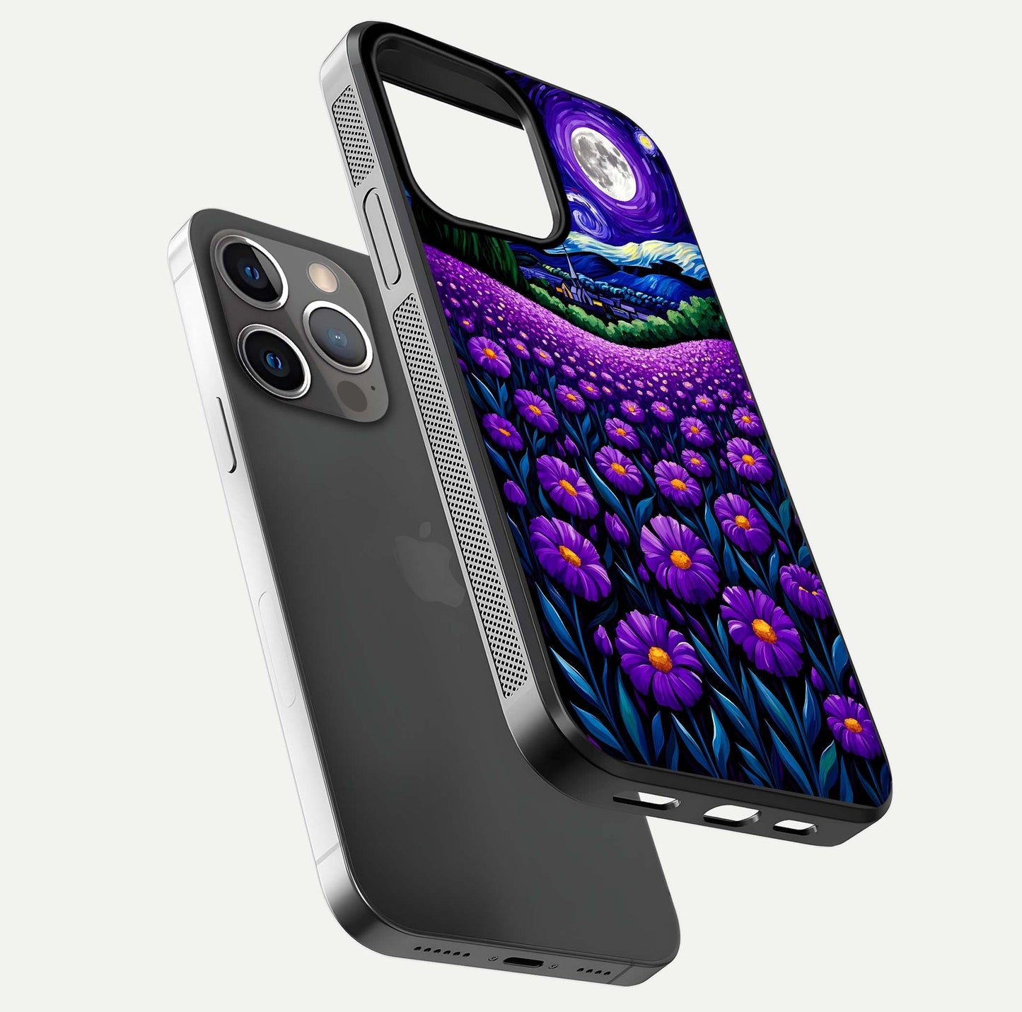 Lavender Moon Field Glass Case for iPhone 13 Pro floating dual-view mockup showing gloss surface and floral glow