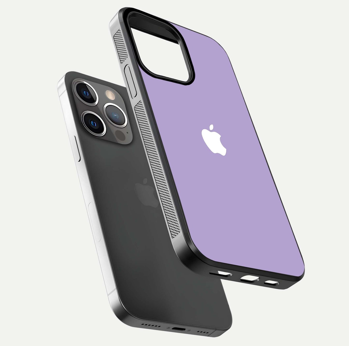 Lavender Soft Minimal Glass Case for iPhone 13 Pro floating dual-view mockup showing gloss reflection and pastel tone