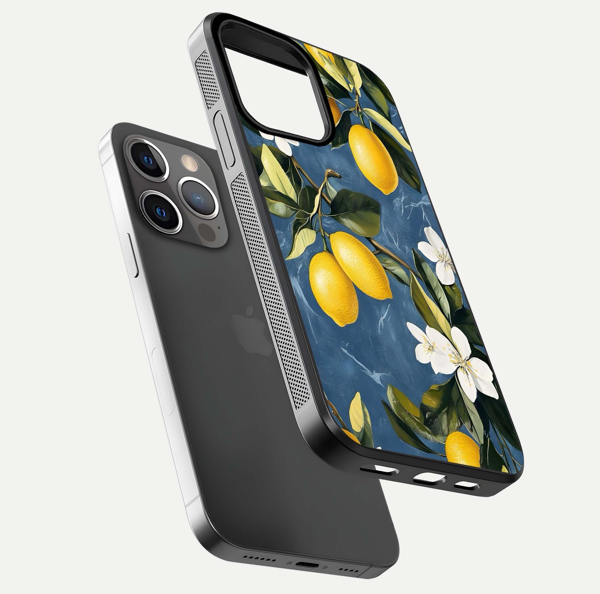 Lemon Dream Garden Glass Case for iPhone 13 Pro floating dual-view mockup showing gloss brightness and vivid yellow print