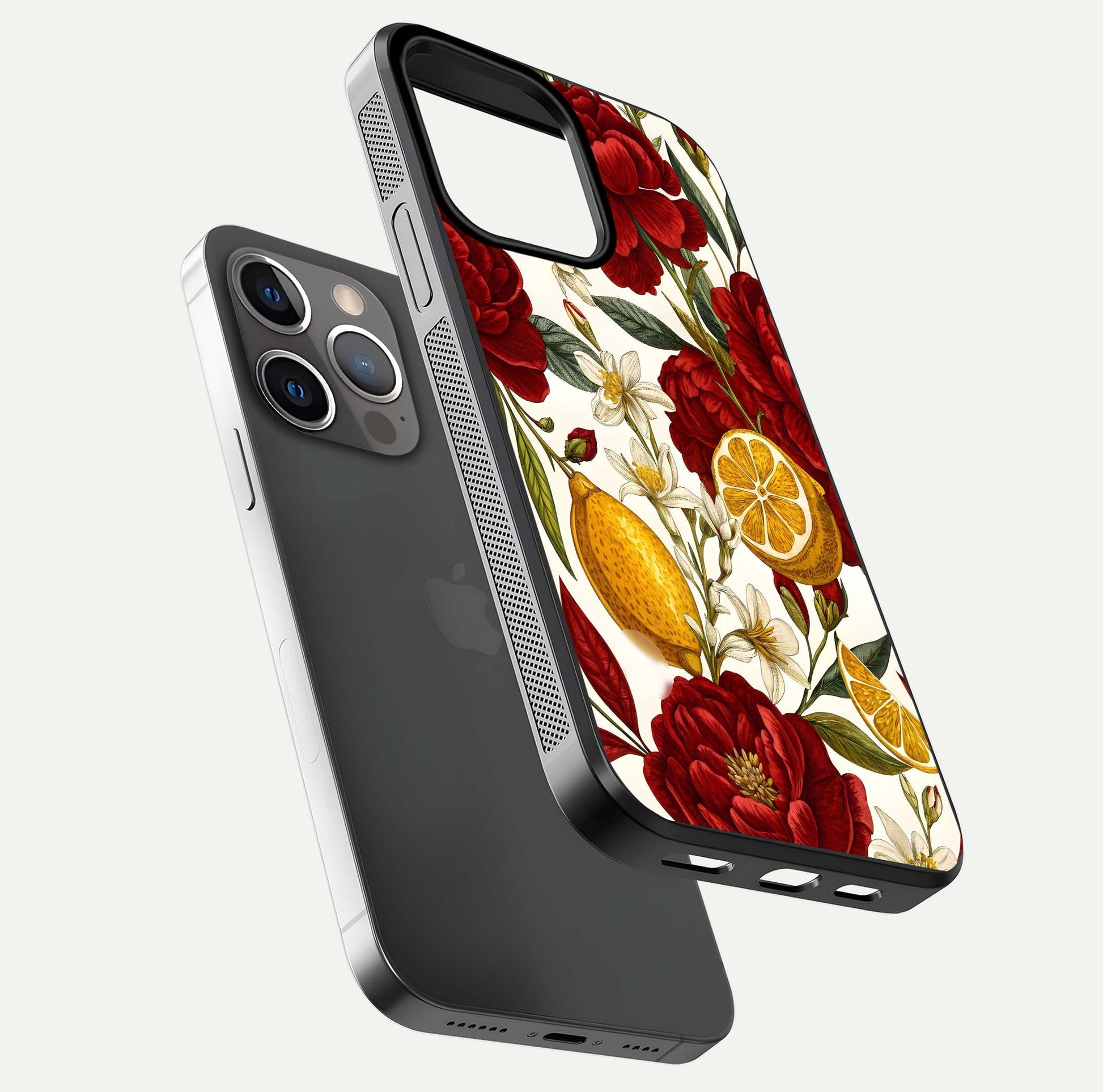Lemon Rose Charm Glass Case for iPhone 13 Pro floating dual-view mockup showing gloss polish and floral gradient